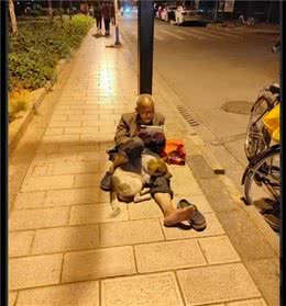 老人在路灯下面看书，腿边还依偎着一只狗狗，一人一狗，却享余生